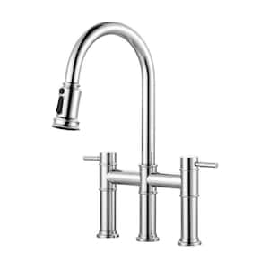 3 Holes Double Handle Brass Bridge Kitchen Faucet with Pull Down Sprayer and Supply Lines in Polished Chrome
