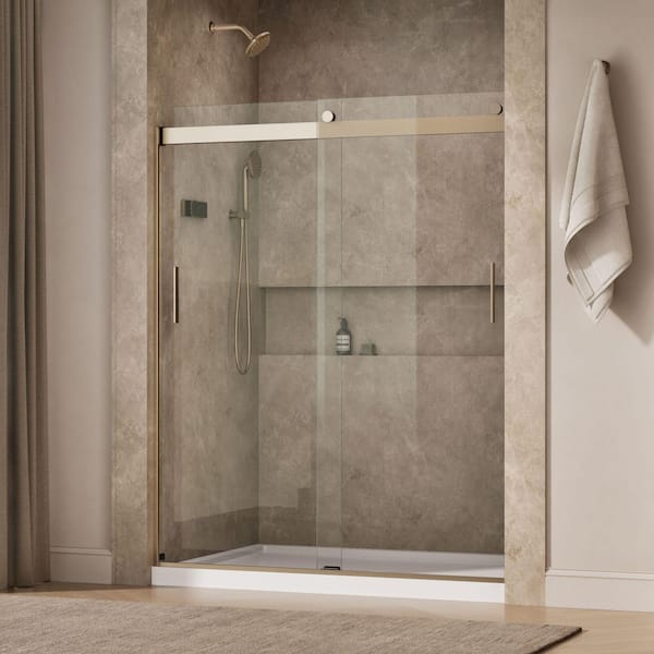 Levity 56-60 in. W x 74 in. H Frameless Sliding Shower Door in Anodized Brushed Bronze with Blade Handles