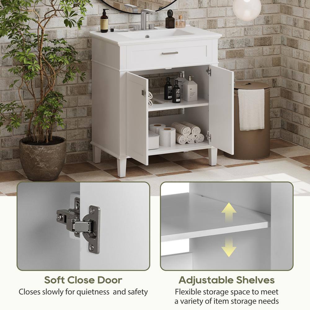 30-Inch White MDF Freestanding Bathroom Vanity with Ceramic Basin