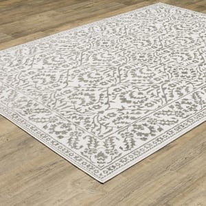 Monticello Gray/White 2 ft. x 8 ft. Oriental Floral Border Polyester Indoor Runner Area Rug