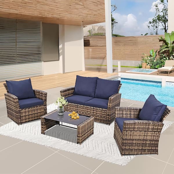 Unbranded 4-Piece Brown Wicker Courtyard Patio Conversation Furniture Set with Blue Soft Cushions and Black Tempered Glass Table
