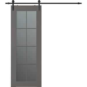 Vona 8-Lite 28 in. x 80 in. 8-Lite Frosted Glass Gray Matte Wood Composite Sliding Barn Door with Hardware Kit