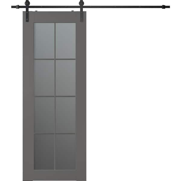 Belldinni Vona 8-Lite 18 in. x 80 in. 8-Lite Frosted Glass Gray Matte Wood Composite Sliding Barn Door with Hardware Kit
