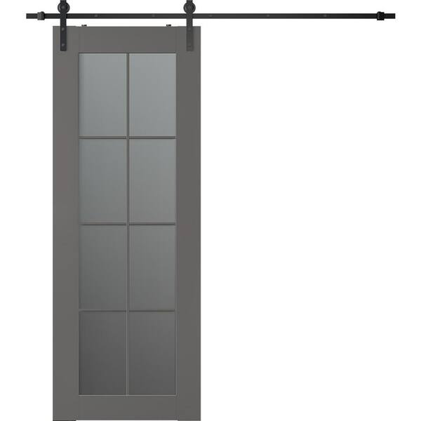 Belldinni Vona 8-Lite 18 in. x 96 in. 8-Lite Frosted Glass Gray Matte Wood Composite Sliding Barn Door with Hardware Kit