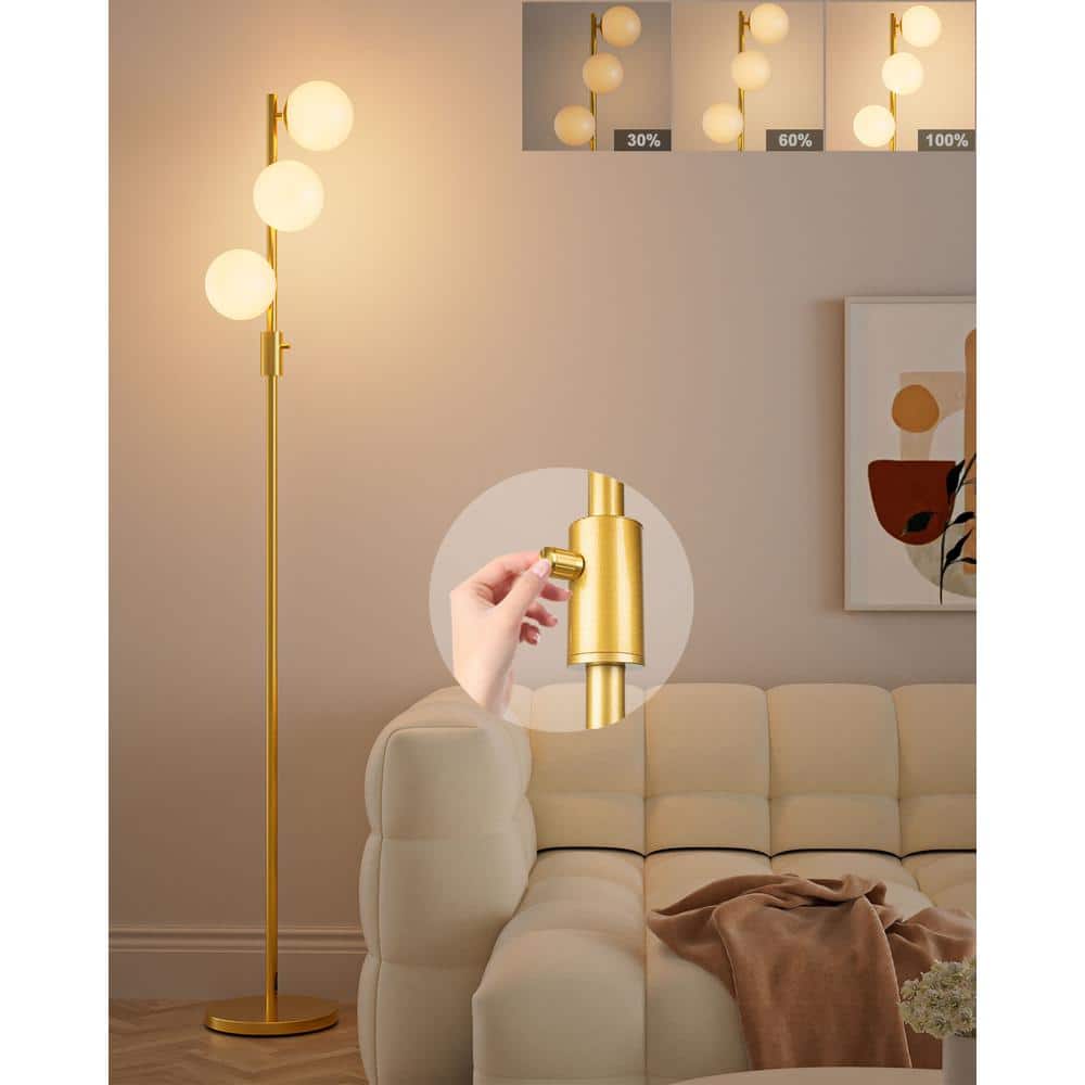 64 in. Gold Globe 3-Lights Smart Dimmable Standard Floor Lamp For Living Ro
