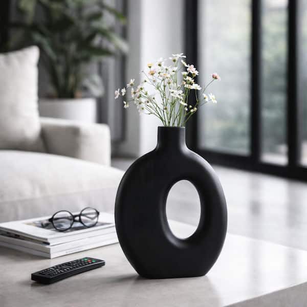 18 in. Black Wood Geometric Cutout Silhouette Decorative Vase