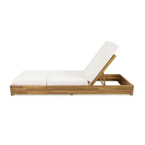 Mossbloom Outdoor Patio Cushioned Adjustable Chaise Lounge, Acacia Wood, Cream + Teak