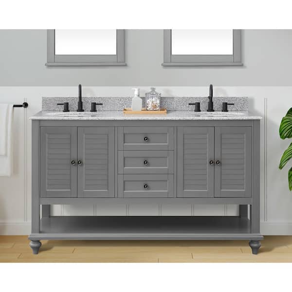 Home Decorators Collection Hamilton 61 in. Double Sink Gray Bath Vanity with Gray Granite Top (Assembled)