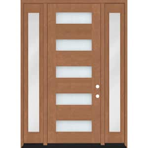 Regency 64 in. x 80 in. 5L Modern Clear Glass LHIS AutumnWheat Stain Mahogany Fiberglass Prehung Front Door w/Dbl12in.SL