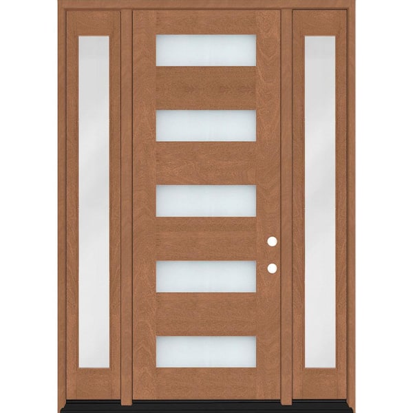 Steves & Sons Regency 68 in. x 80 in. 5L Modern Clear Glass RHOS Autumn Wheat Mahogany Fiberglass Prehung Front Door DBL 14 in. SL