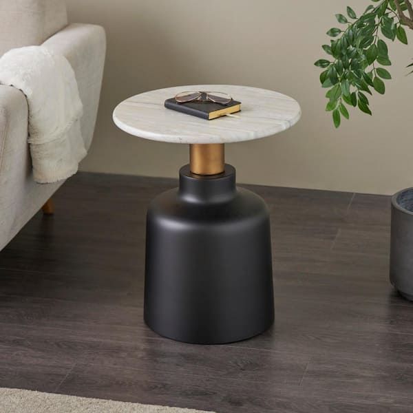 Litton Lane 18 in. Black Pedestal Cylinder Round Metal Coffee Table with Faux White Marble Top