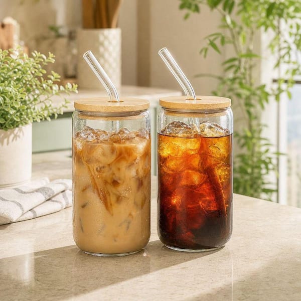 Wudkey 2-Pack 16 oz. Glass Cups with Bamboo Lids and Straws, Drinking Glasses Set, Iced Coffee, Tea Cup