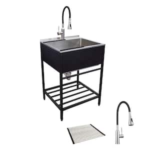 25 in. x 22 in. x 34 in. Stainless Steel Apron-Front Freestanding Utility/Laundry Sink with Wash Stand in Matte Black