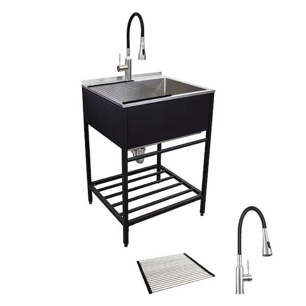 25 in. x 22 in. x 34 in. Stainless Steel Apron-Front Freestanding Utility/Laundry Sink with Wash Stand in Matte Black