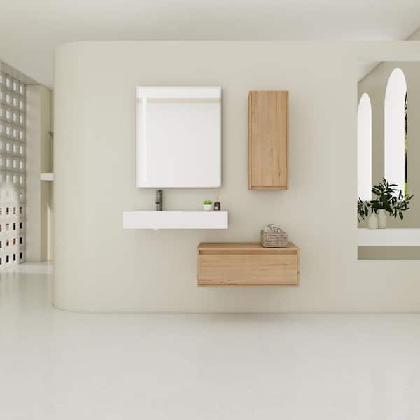 Jacques 29.5 in. W x 18.1 in. D x 15.8 in. H Floating Bath Vanity in Imitative Oak with White Resin Vanity Top