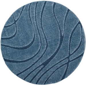 Florida Shag Light Blue/Blue 4 ft. x 4 ft. Round Solid Area Rug