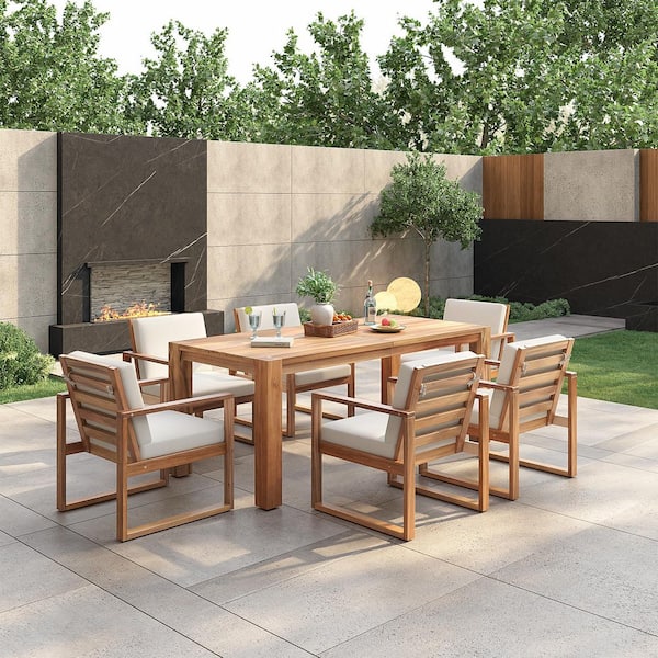 Light Teak 7-Piece Wood Outdoor Dining Set with Beige Cushions and Umbrella Hole for Garden, Backyard, and Poolside