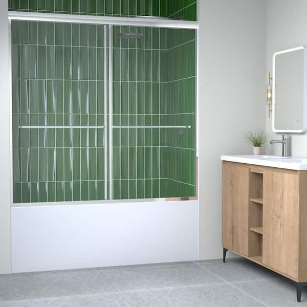 KeepTech 56 in. - 60 in. W x 58 in. H Bypass Sliding Semi-Frameless Shower Door in Chrome Finish with Tempered Glass