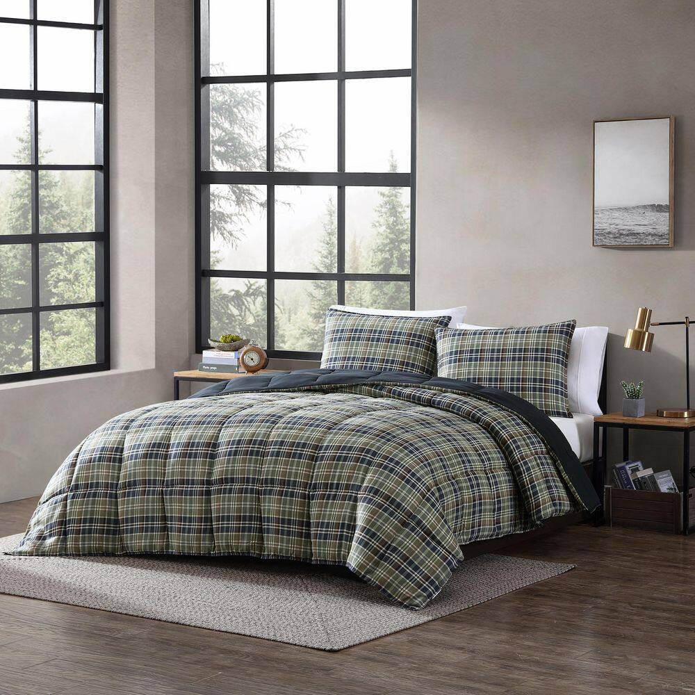 Full Navy Plaid Reversible Microfiber Comforter Set