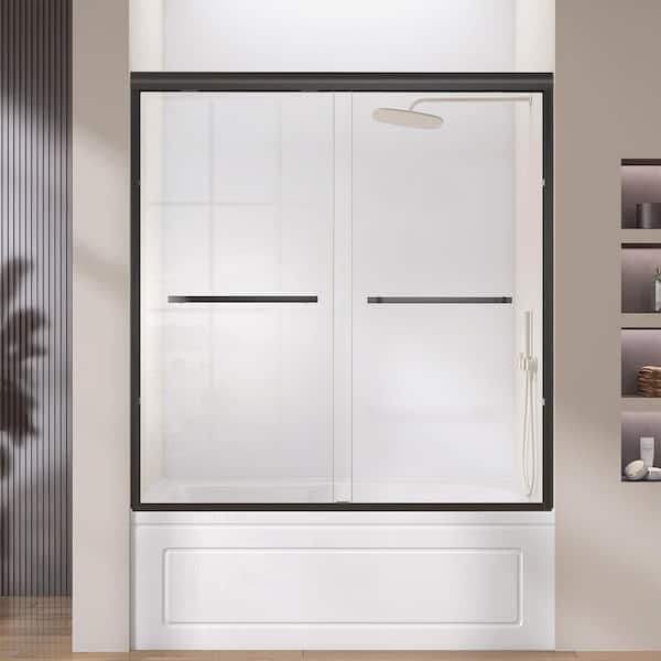 56 to 60 in. W x 62 in. H Double Sliding Tub Door in Matte Black Bypass Alcove Bathtub Shower Panel with Clear Glass
