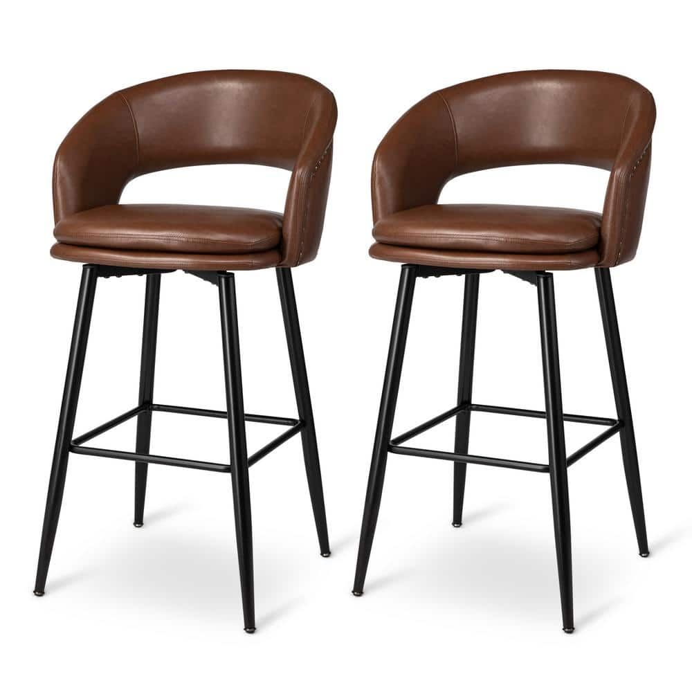 Seat Height 30 in. H Modern Brown Leatherette Bar Stool with Nailhead Trim and Thick Metal Tapered Legs?Set of 2?