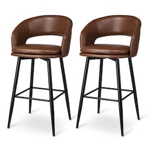 Seat Height 30 in. H Modern Brown Leatherette Bar Stool with Nailhead Trim and Thick Metal Tapered Legs（Set of 2）