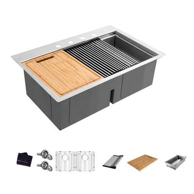 All-in-One Drop-In Stainless Steel 33 in. 4-Hole 50/50 Double Bowl Kitchen Workstation Sink with Accessories