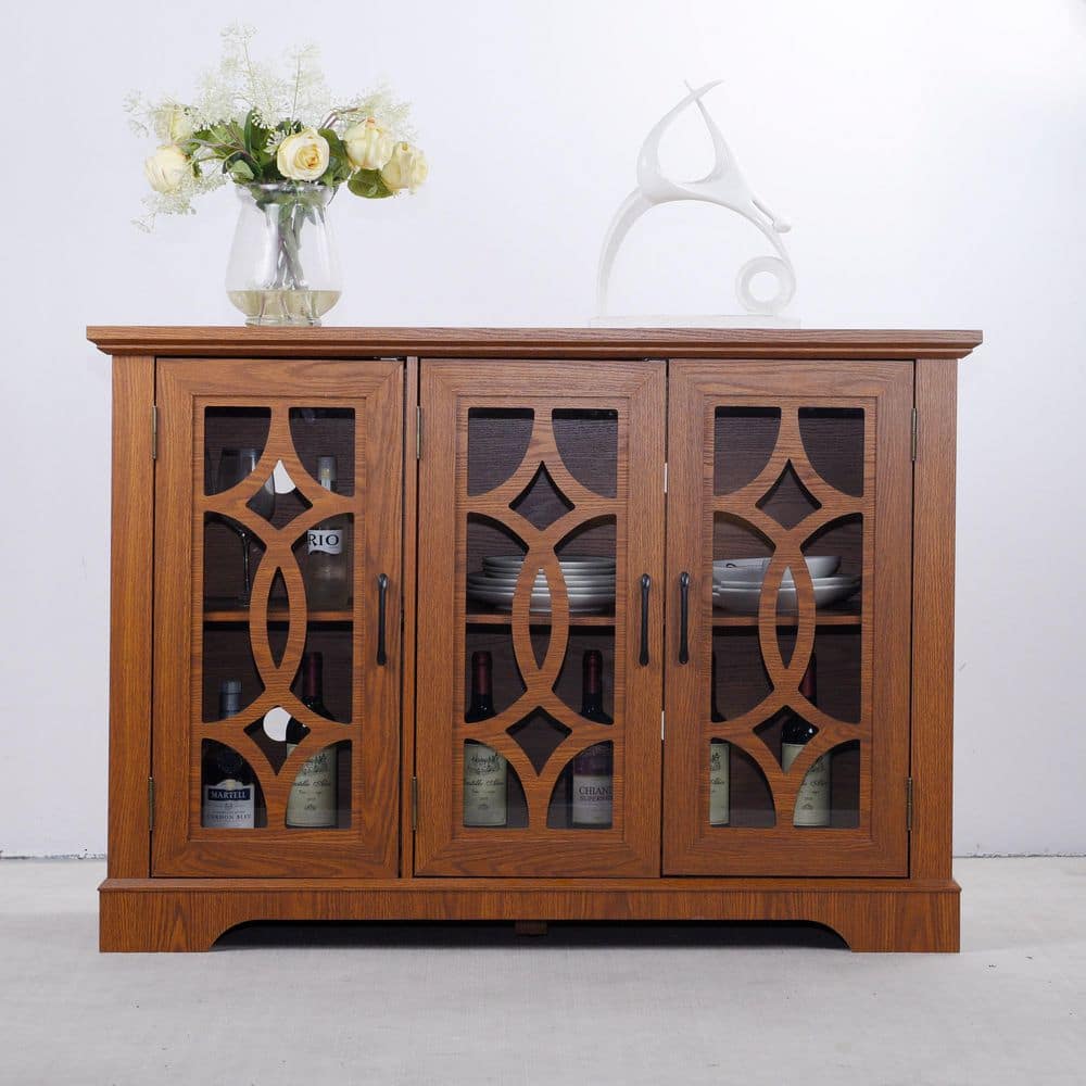 48.66 in. W Dark Oak MDF Sideboard Buffet with 3 Tempered Glass Doors Adjustable Shelf