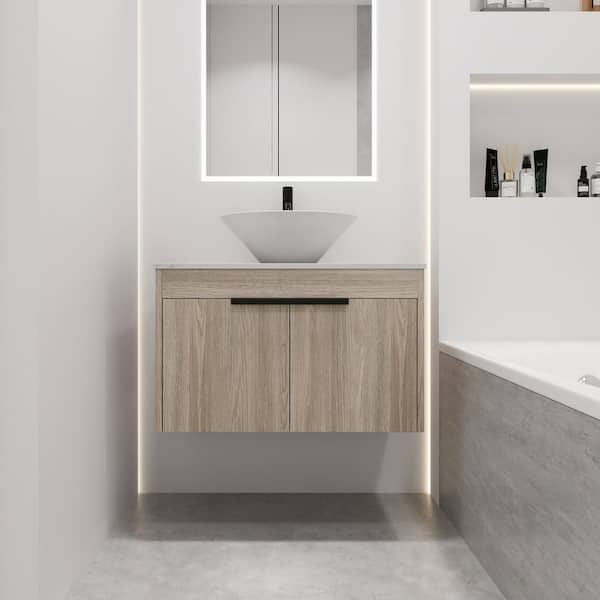 Unbranded 30 in. W x 19 in. D x 24 in. H Single Sink Floating Bath Vanity in White Oak with White Sintered Stone Top