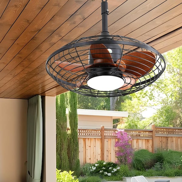 CACI Mall 20 in. Integrated LED Outdoor Portable Caged Black Ceiling Fan for Patio with Light and Remote