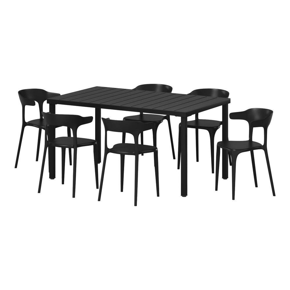 Frond and Form Outdoor Patio Modern 7-Piece Rectangular Steel Table, 6 Stackable HDPE Plastic Chairs Dining Set, Black