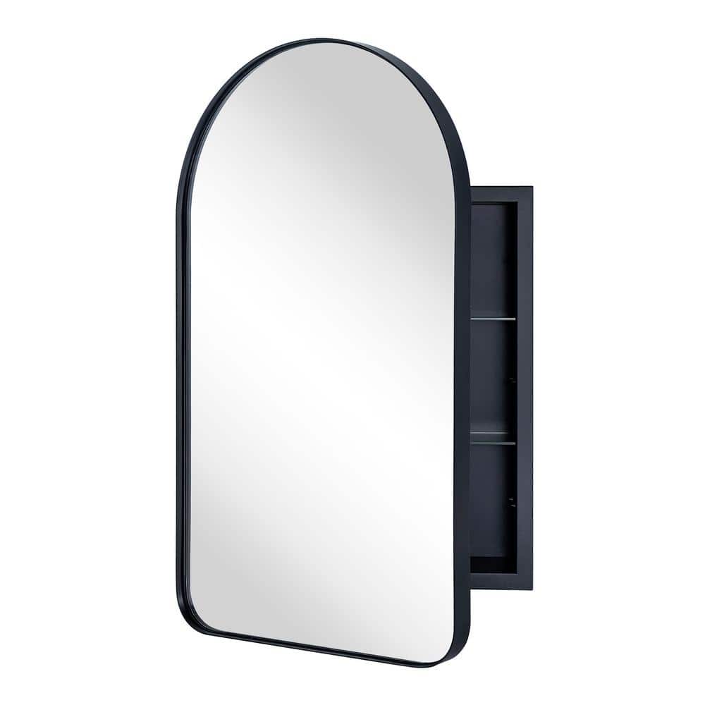 Arched Black Metal Framed Recessed Medicine Cabinet with Mirror