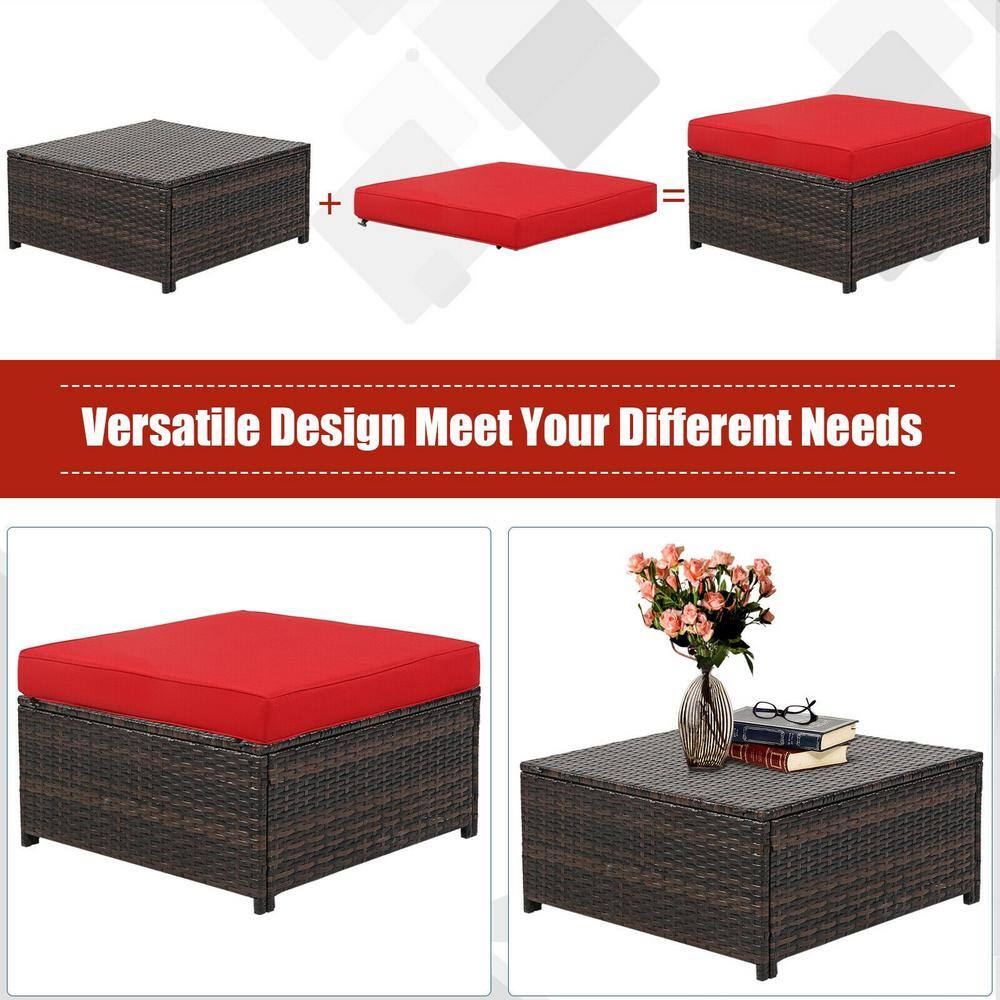 5-Piece Red Cushioned Rattan Patio Furniture Set with Ottoman