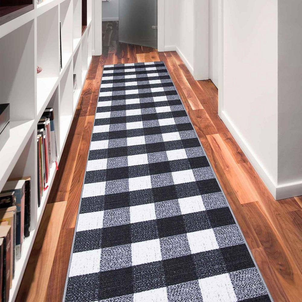 Black and White Checkered Synthetic Runner Rug, 20" x 59"