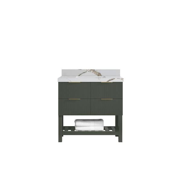 Willow Collections Catalina 36 in. Single Sink Freestanding Pewter Green Bath Vanity with Calacatta Gold Qt. Top Unassembled