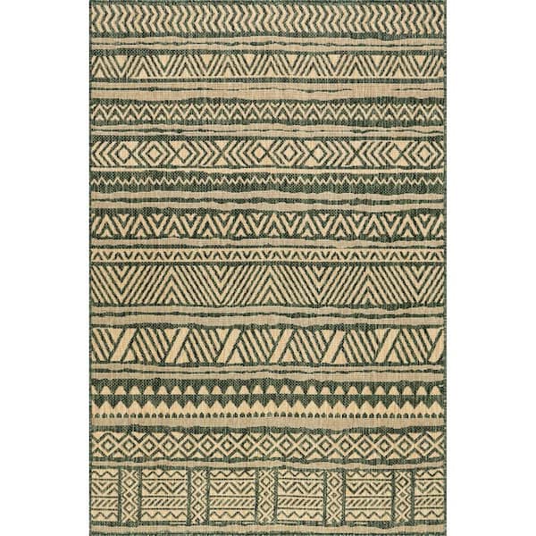 Abbey Tribal Striped Indoor/Outdoor Area Rug Dark Green 6 ft. 7 in. ft. x 9 ft. Area Rug