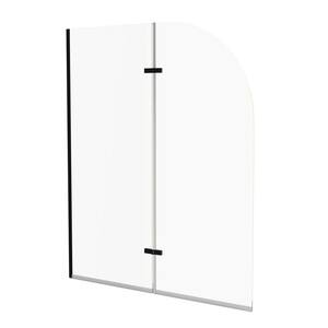 48 in. W x 58 in. H Frameless Bi Fold Bath Tub Door Hinged Tub Glass Shower Door in Matte Black with 1/4 in. Clear Glass