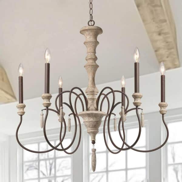 6-Light Aged Iron/Brown Candlestick Wood Chandelier French Country Farmhouse Antique Wood Hanging Light for Dining Room