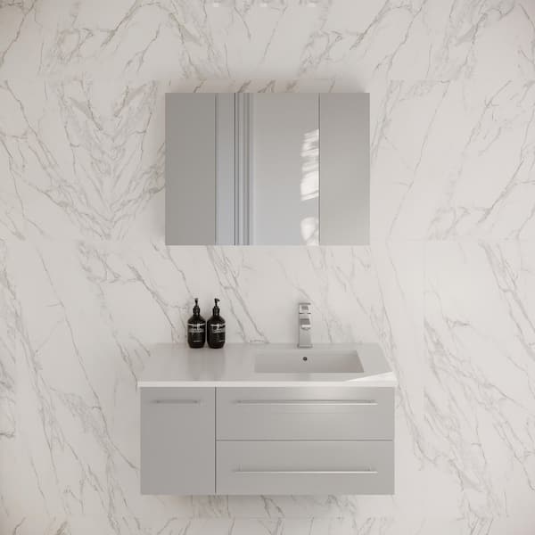 Lucera 36 in. Single Wall Mount Gray Bath Vanity with White Quartz Top, Undermount Right Sink and Medicine Cabinet