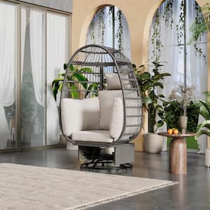 360° Swivel Function Gray Wicker Outdoor Rocking Chair Egg Chair with Beige Cushions
