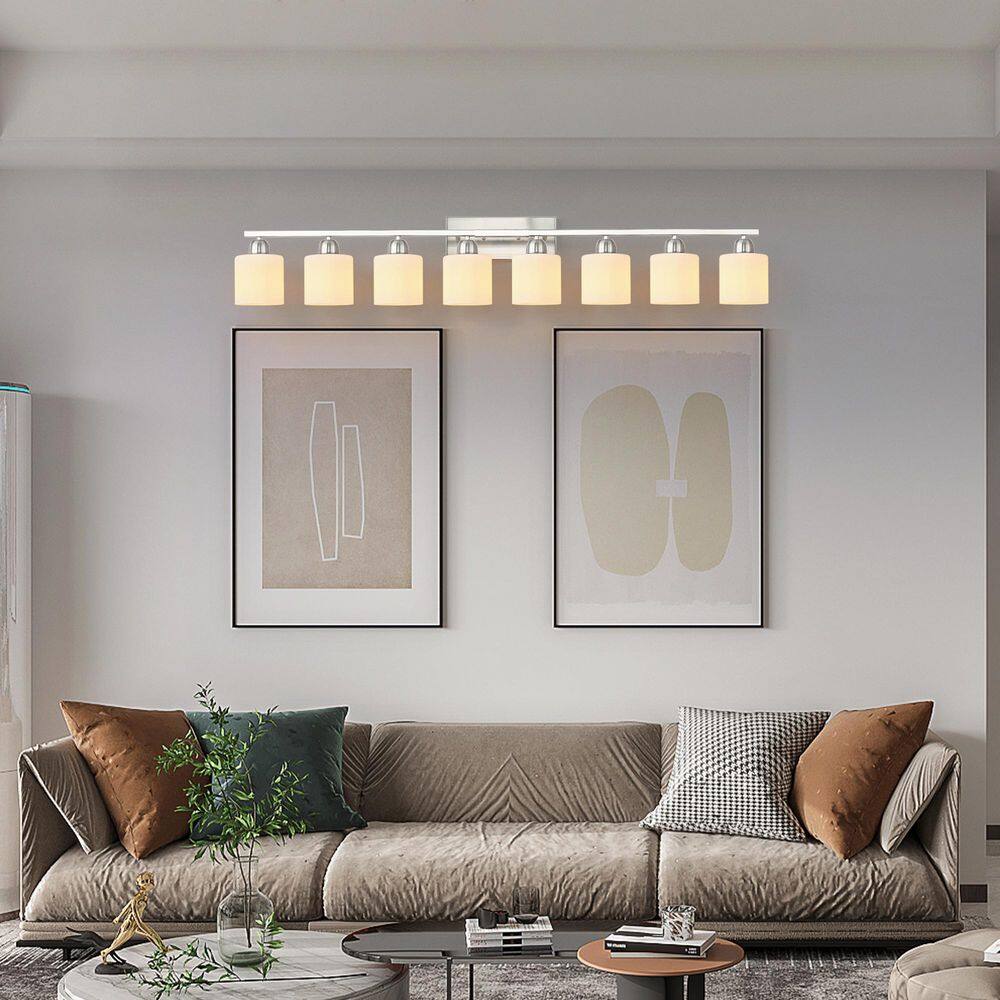 52 in. 8 Light silver Grain Finish Vanity Light Fixture Bathroom Over Mirror Wall Lights white Glass Shades Living Room price history on PriceWatchPro