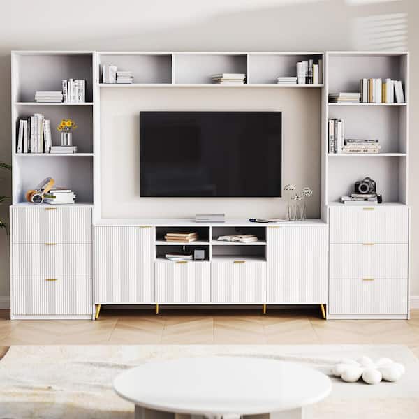 Modern White TV Stand Fits TV's up to 70 in. with 13 Shelves, Fluted Line Surface