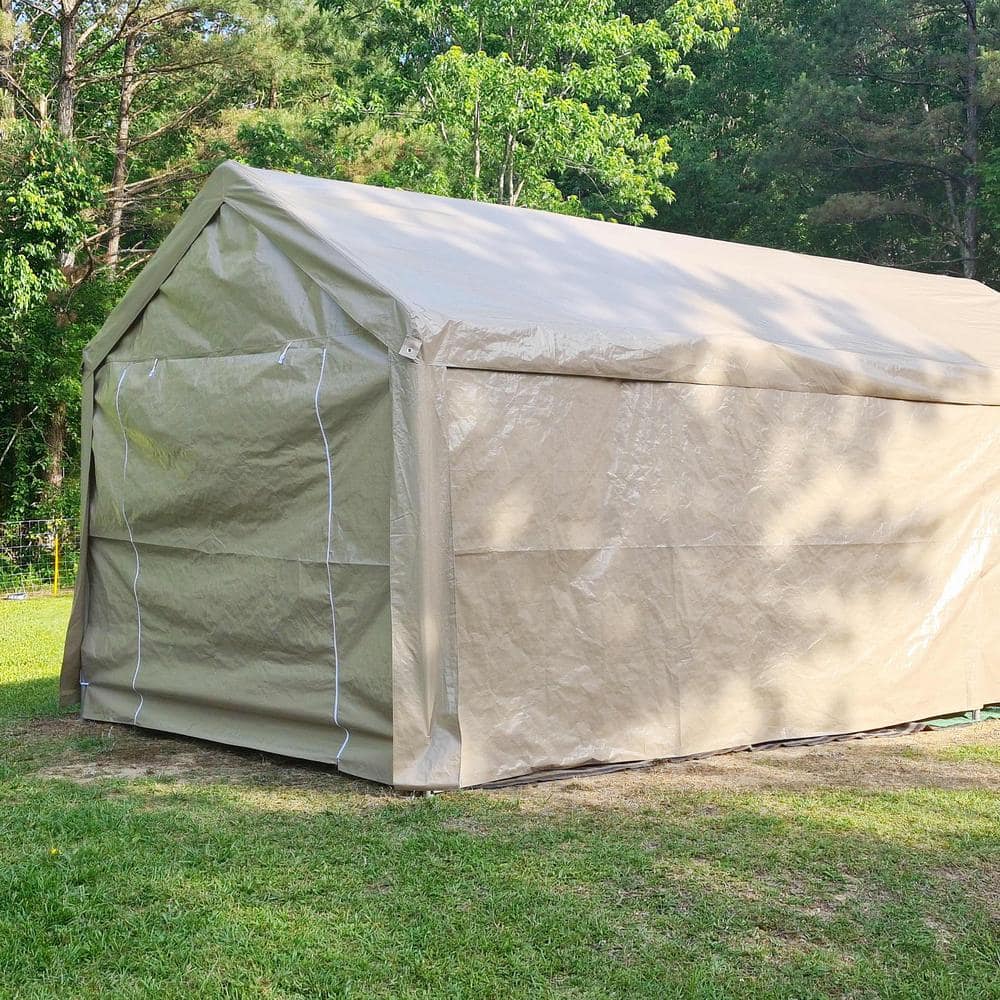 Beige 10' x 20' Metal Frame Carport Tent with Fabric Roof