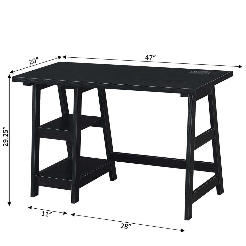 Modern Black Wood Desk with USB Charging Station, 47" Length