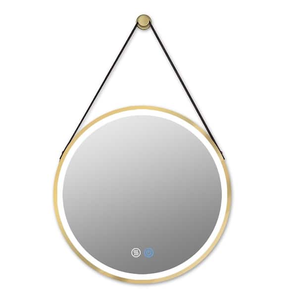 Boyel Living 28 in. W x 39 in. H Small Round Stainless Steel Framed Dimmable LED Anti-Fog Wall Bathroom Vanity Mirror in Brushed Gold