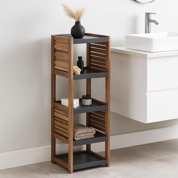 Elements 14.5 in. W x 11.12 in. D x 42.12 in. H Gray Freestanding Linen Cabinet 5 Tiers in Acacia-Grey