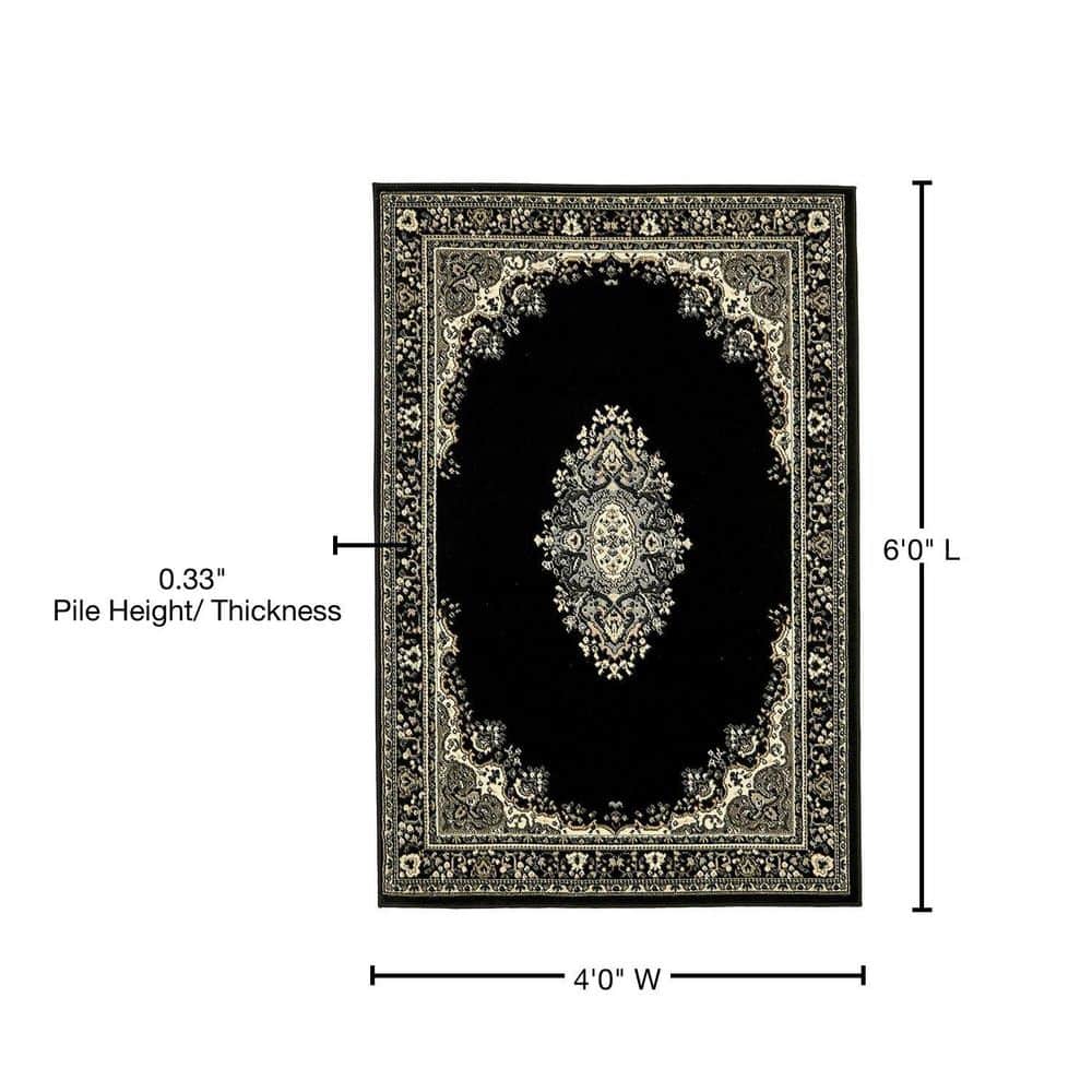 Black and Beige Medallion Synthetic 4' x 6' Area Rug