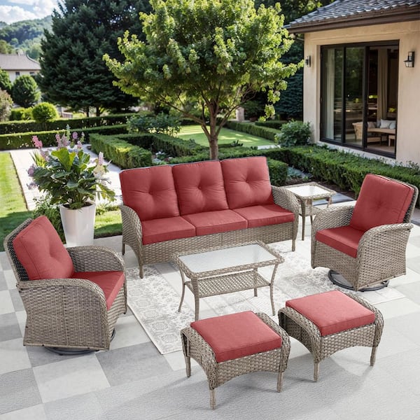 moosprr Flatarmrest 7-Piece Gray Wicker Patio Conversation Set with Olefin Red Cushions Sofa/Patio Swivel Glider Chairs
