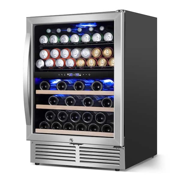 24 in. Dual Zone 27-Bottle and 105-Can Wine and Beverage Cooler Built-in Two Door Handles Wine Fridge in Silver
