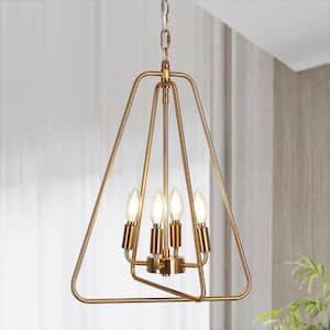 Modern Brass Chandelier 4-Light Tri-Angle Cage Candlestick Island Pendant Chandelier for Foryer, Kitchen, Bedroom